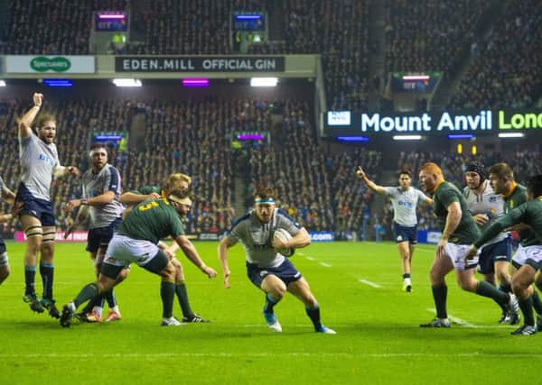 Scotland's Hamish Watson scores against South Africa from a lineout. Picture: Bill Murray/SNS/SRU