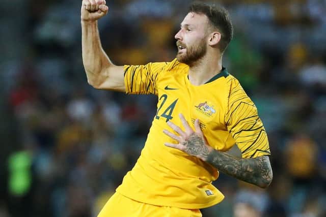 Martin Boyle celebrates scoring for Australia against Lebanon. Picture: David Moir/AFP/Getty Images