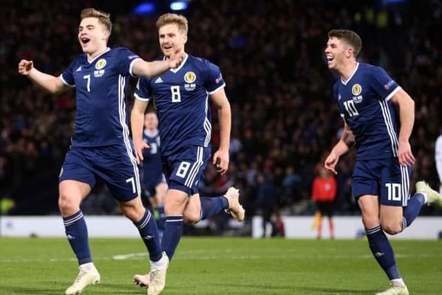 James Forrest celebrates scoring his second goal of the evening as Scotland defeated Israel 3-2 at Hampden. Picture: PA