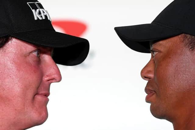 Phil Mickelson and Tiger Woods face off during a press conference before The Match in Las Vegas. Picture: Harry How/Getty Images for The Match
