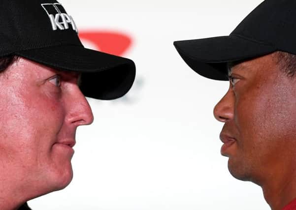 Phil Mickelson and Tiger Woods face off during a press conference before The Match in Las Vegas. Picture: Harry How/Getty Images for The Match