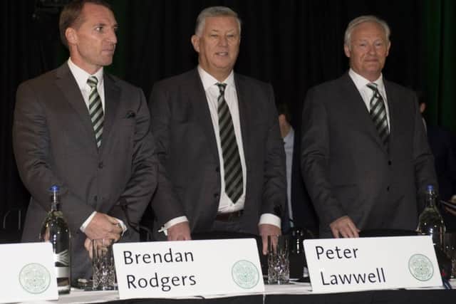 Celtic manager Brendan Rodgers, chief executive Peter Lawwell and chairman Ian Bankier. Picture: SNS