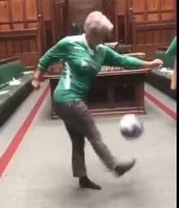 Hannah Bardell MP playing keepie uppie in the Houses of Parliament chamber. Picture: WEB
