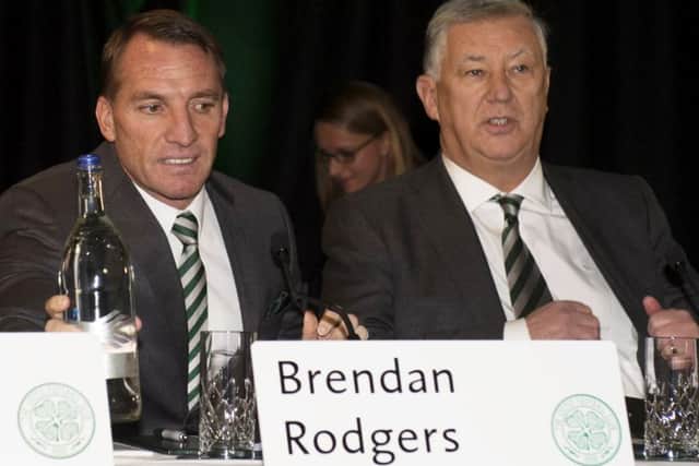 Celtic manager Brendan Rodgers, left, and chief executive Peter Lawwell at the club's annual general meeting. Picture: SNS