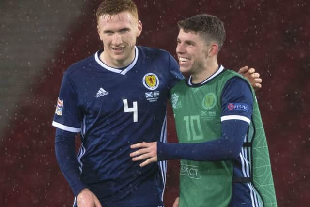 Scotland's David Bates and Ryan Christie, right, after the win over Israel. Picture: Craig Foy/SNS