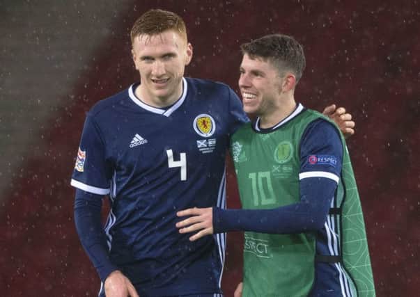 Scotland's David Bates and Ryan Christie, right, after the win over Israel. Picture: Craig Foy/SNS