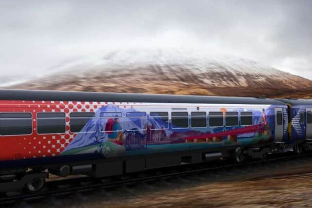 The dramatic red and blue mountain external livery.