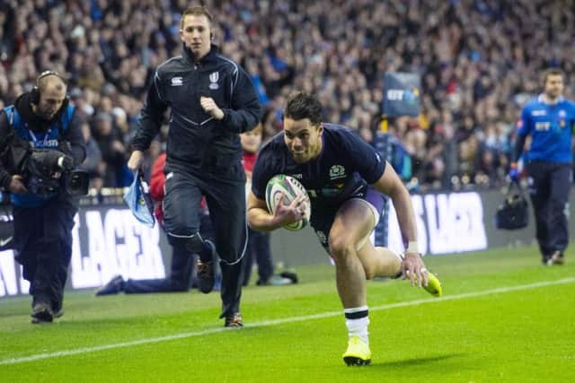 Sean Maitland goes over to score. Pic: SNS/SRU/Bill Murray