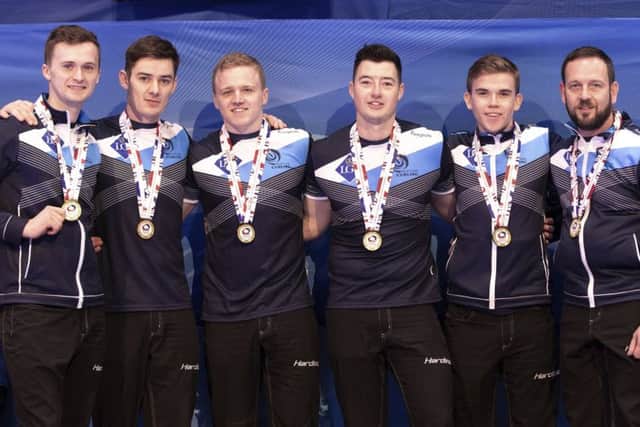 Scotland's European champions. From left: Bruce Mouat, Grant Hardie, Bobby Lammie, Hammy McMillan, Ross Whyte and team coach Allan Hannah. Picture: Raul Mee/AP