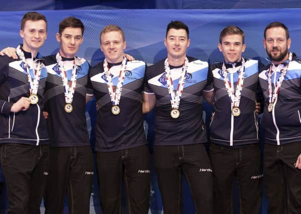 Scotland's European champions. From left: Bruce Mouat, Grant Hardie, Bobby Lammie, Hammy McMillan, Ross Whyte and team coach Allan Hannah. Picture: Raul Mee/AP