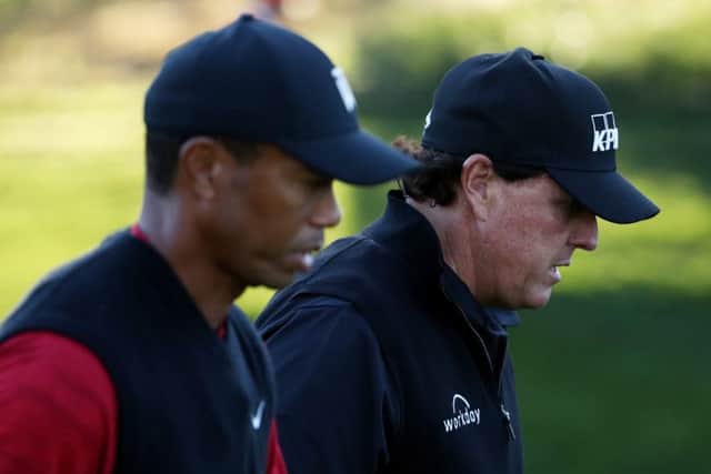 Tiger Woods and Phil Mickelson walk during The Match. Pic: Christian Petersen/Getty Images