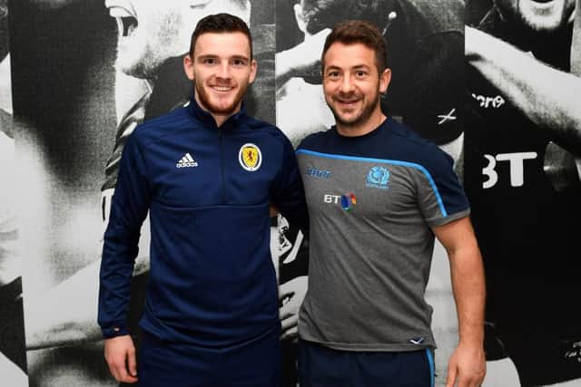 National football and rugby captains Andy Robertson and Greig Laidlaw got together at Oriam.  Picture: Paul Devlin/SNS/SRU