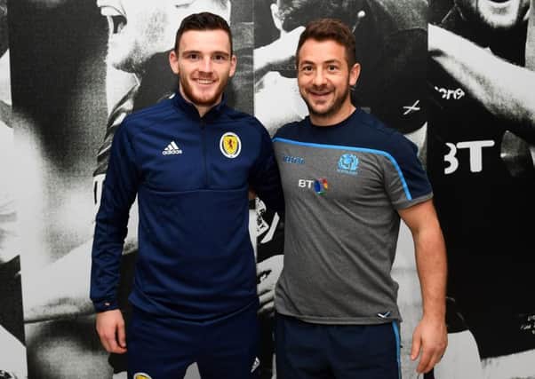 National football and rugby captains Andy Robertson and Greig Laidlaw got together at Oriam.  Picture: Paul Devlin/SNS/SRU