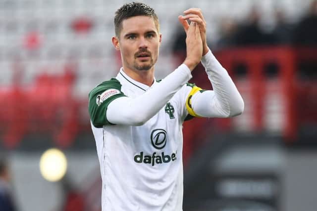 Mikael Lustig acknowledges the Celtic fans after the match at Hamilton. Picture: Craig Foy