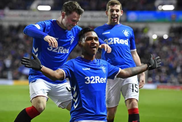 Rangers striker Alfredo Morelos celebrates with Glenn Middleton after scoring to make it 2-0 against Livingston. Picture: Rob Casey/SNS
