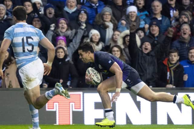 Sean Maitland dives over for the only try in Scotland's win over Argentina. Picture: Gary Hutchison/SNS/SRU
