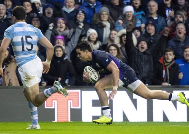 Sean Maitland dives over for the only try in Scotland's win over Argentina. Picture: Gary Hutchison/SNS/SRU