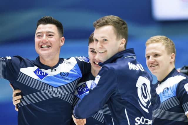 Scotland's Hammy McMillan, left, Bruce Mouat, Grant Hardie, and Bobby Lammie celebrate their victory over Sweden. Picture: Raul Mee/AP