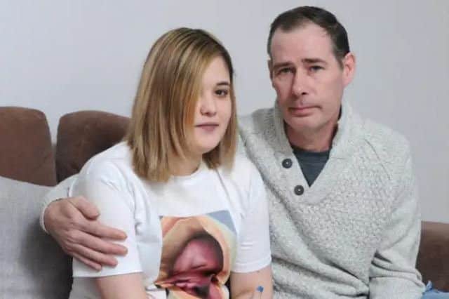 Georgia Higginbottom is raising awareness of meningitis after her six-week-old baby, Oscar Nally, died from the disease. She is pictured with her dad Stephen Dance. Picture: Blackpool Gazette.