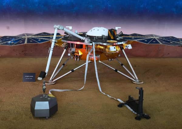 A replica of the InSight Mars Lander is on display at the NASA Jet Propulsion Laboratory (JPL) in Pasadena, California. Picture: Getty Images