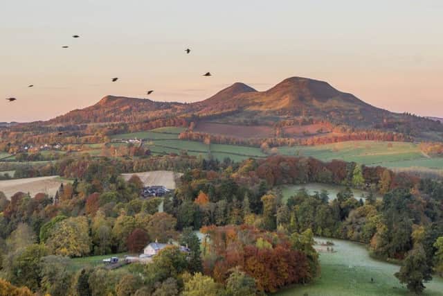 The morning sun lights up the Eildon Hills seen from Scott's View in the Scottish Borders.