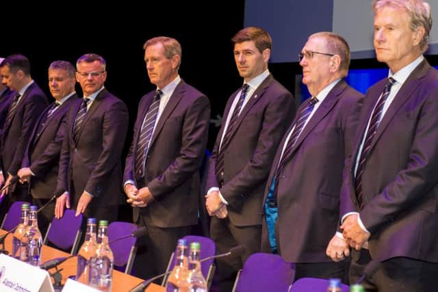 The Rangers board and manager Steven Gerrard at yesterday's AGM. Picture: SNS