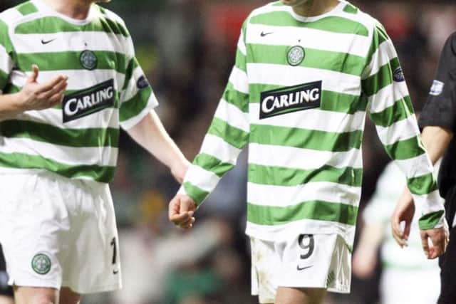 Former Celtic forwards John Hartson (left) and Chris Sutton were reminded of a defeat against Rosenborg. Picture: SNS/Alan Harvey
