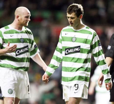 Former Celtic forwards John Hartson (left) and Chris Sutton were reminded of a defeat against Rosenborg. Picture: SNS/Alan Harvey