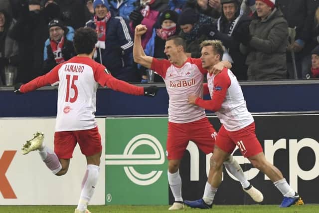 Salzburg's Fredrik Gulbrandsen celebrates after scoring the only goal of the game. Picture: AP