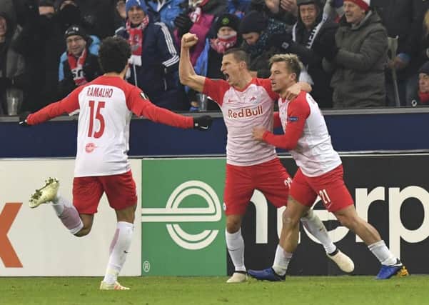 Salzburg's Fredrik Gulbrandsen celebrates after scoring the only goal of the game. Picture: AP