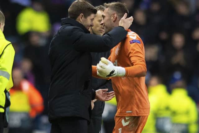 Rangers manager Steven Gerrard congratulates Allan McGregor at full-time. Picture: SNS/Craig Williamson