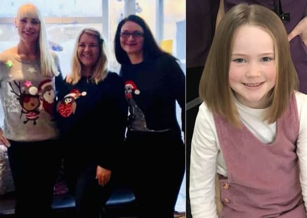 Braids' staff (l-r) Helen Brady, Karen Cranie and Marlene Grant will have their hair chopped in February in aid of the Little Princess Trust, while youngster  Isabella McGregor sacrificed her locks earlier this month