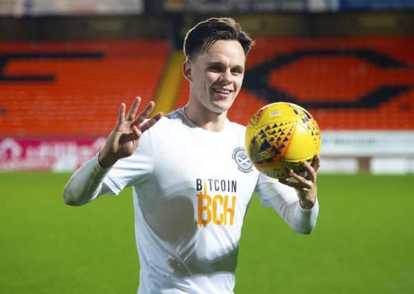 Ayr United's Lawrence Shankland celebrates after his four-goal haul against Dundee United. Picture: Gary Hutchison/SNS