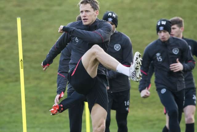 Hearts' Christophe Berra in training for the Rangers game. Picture: Paul Devlin/SNS