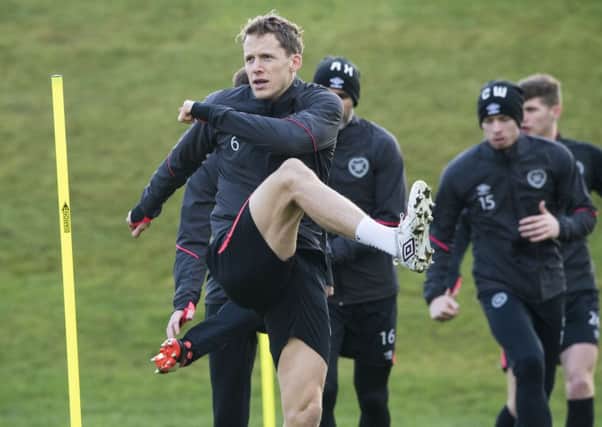 Hearts' Christophe Berra in training for the Rangers game. Picture: Paul Devlin/SNS