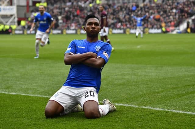 Alfredo Morelos celebrates after giving Rangers the lead. Picture: SNS
