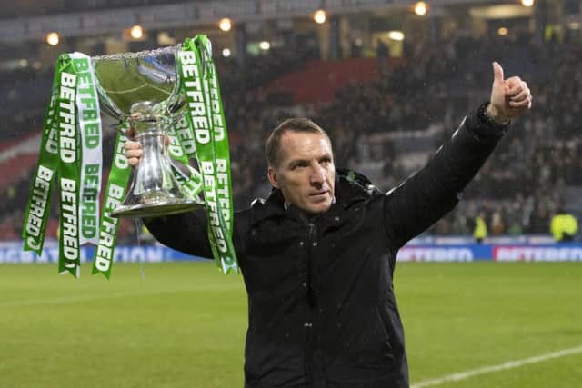 Celtic manager Brendan Rodgers celebrates after winning the Betfred Cup. Picture: SNS