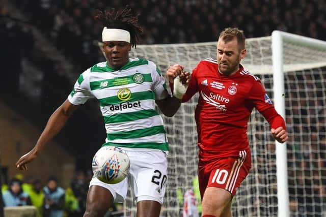 Dedryck Boyata was able to continue after his clash of heads with Gary Mackay-Steven, and supplied the through-ball that led to the games only goal. Picture: SNS