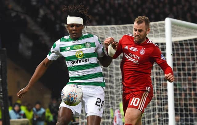 Dedryck Boyata was able to continue after his clash of heads with Gary Mackay-Steven, and supplied the through-ball that led to the games only goal. Picture: SNS