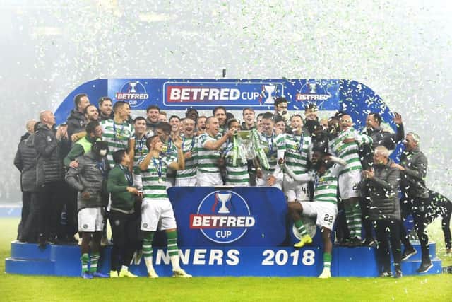 Celtic celebrate after winning the 2018 Betfred Cup. Picture: John Devlin