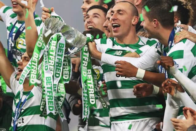 Scott Brown lifts the trophy after Celtic win the 2018 Betfred Cup. Picture: Getty Images