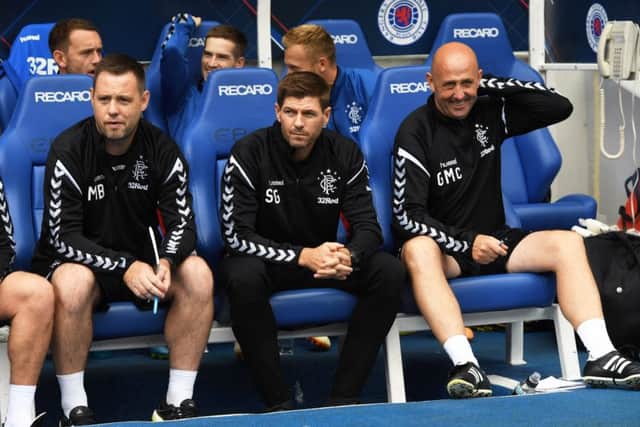 Rangers coach Michael Beale, manager Steven Gerrard, and assistant manager Gary McAllister. Picture: SNS/Craig Williamson