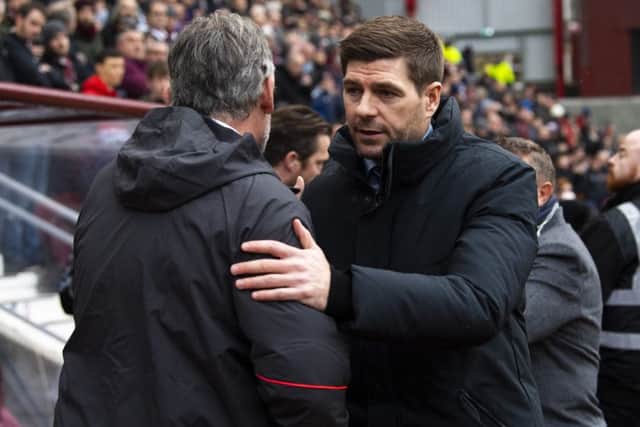 Rangers manager Steven Gerrard greets Hearts boss Craig Levein. Picture: SNS
