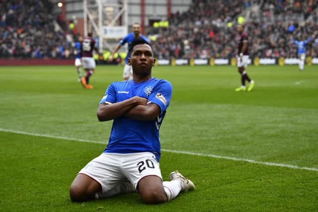 Alfredo Morelos celebrates after scoring to make it 2-1 Rangers at Tynecastle. Picture: SNS