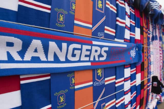 A general view of Rangers scarves on sale outside Ibrox. Picture: SNS Group