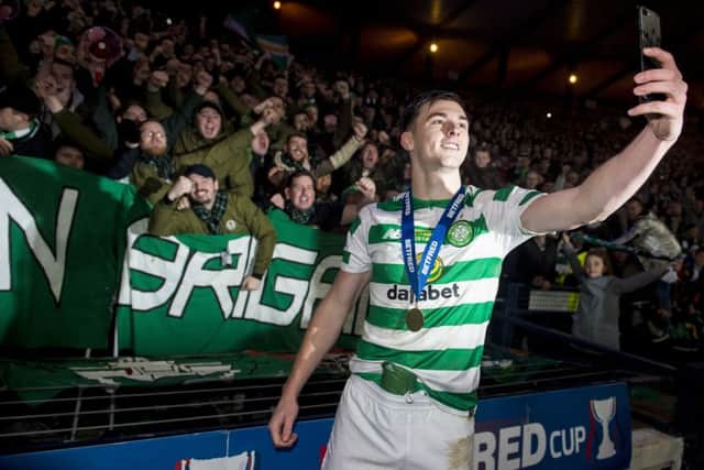 Kieran Tierney at full time with the fans after Celtic secure a seventh trophy under Brendan Rodgers' leadership. Picture: SNS Group