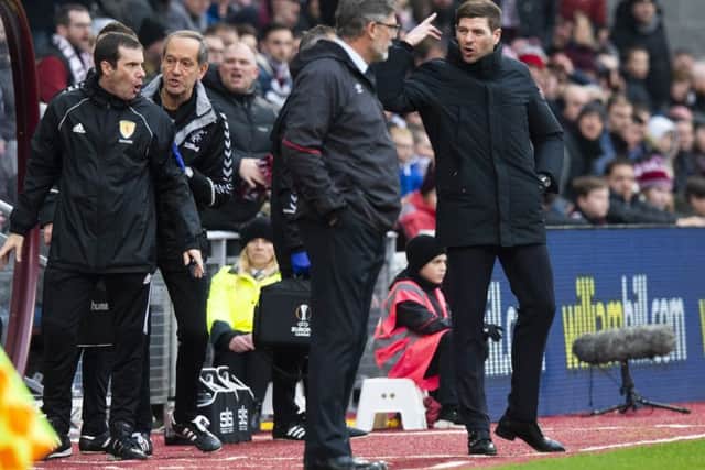 Gerrard was involved in an argument with the Hearts bench. Picture: SNS/Ross Parker