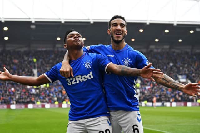 Rangers' Alfredo Morelos celebrates with Connor Goldson after scoring to make it 2-1. Picture: SNS