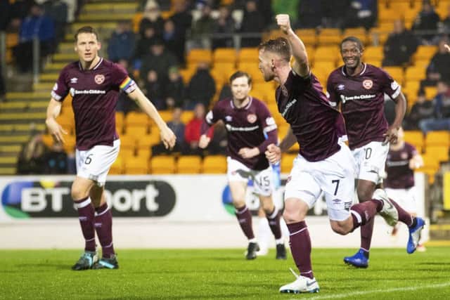 Oliver Bozanic celebrates after putting Hearts back in front just before the break. Picture: SNS