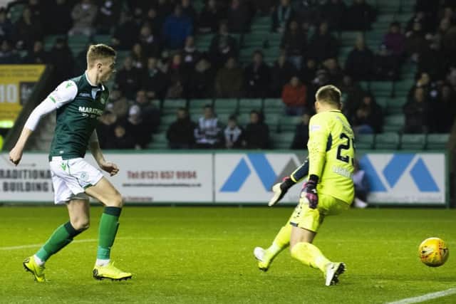Hibs striker Oli Shaw scores his side's first equaliser on the night. Picture: SNS